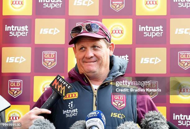 Coach Kevin Walters speaks to media before the Queensland Maroons State of Origin Captain's Run at Suncorp Stadium on July 10, 2018 in Brisbane,...