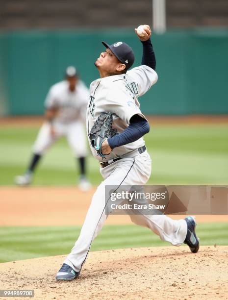 Felix Hernandez of the Seattle Mariners pitches against the Oakland Athletics at Oakland Alameda Coliseum on May 24, 2018 in Oakland, California.