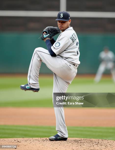 Felix Hernandez of the Seattle Mariners pitches against the Oakland Athletics at Oakland Alameda Coliseum on May 24, 2018 in Oakland, California.