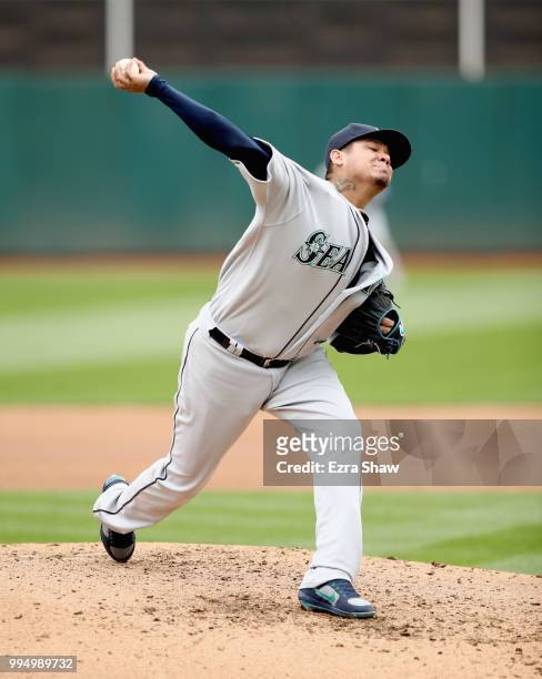 Felix Hernandez of the Seattle Mariners pitches against the Oakland Athletics at Oakland Alameda Coliseum on May 24, 2018 in Oakland, California.