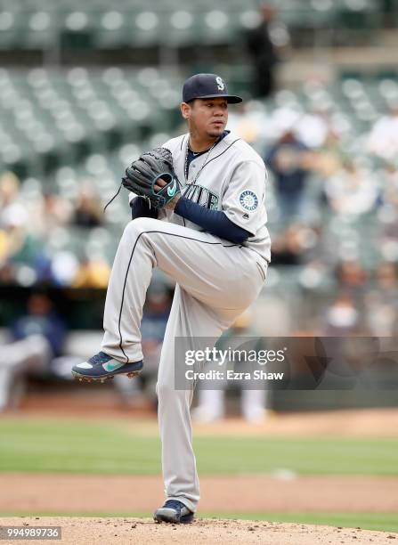 Felix Hernandez of the Seattle Mariners pitches against the Oakland Athletics at Oakland Alameda Coliseum on May 24, 2018 in Oakland, California.