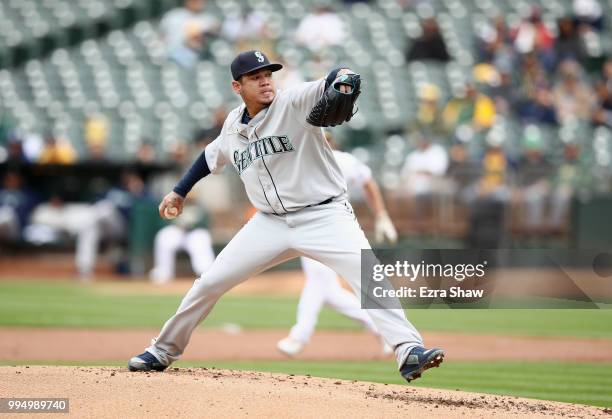 Felix Hernandez of the Seattle Mariners pitches against the Oakland Athletics at Oakland Alameda Coliseum on May 24, 2018 in Oakland, California.