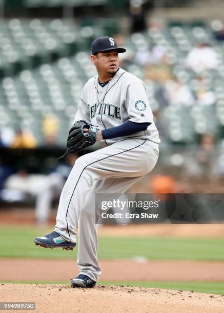 Felix Hernandez of the Seattle Mariners pitches against the Oakland Athletics at Oakland Alameda Coliseum on May 24, 2018 in Oakland, California.