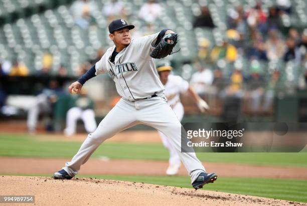 Felix Hernandez of the Seattle Mariners pitches against the Oakland Athletics at Oakland Alameda Coliseum on May 24, 2018 in Oakland, California.