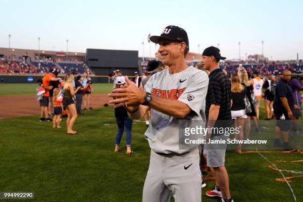 Head Coach Pat Casey of the Oregon State Beavers celebrates after defeating the Arkansas Razorbacks during the Division I Men's Baseball Championship...