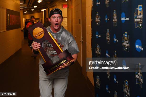 Kyle Nobach of the Oregon State Beavers celebrates after defeating the Arkansas Razorbacks during the Division I Men's Baseball Championship held at...
