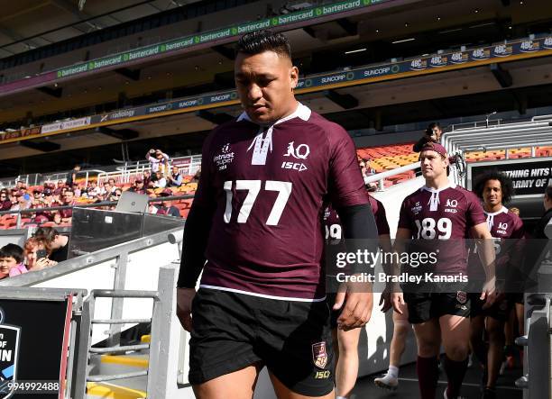 Josh Papalii enters the field during the Queensland Maroons State of Origin Captain's Run at Suncorp Stadium on July 10, 2018 in Brisbane, Australia.