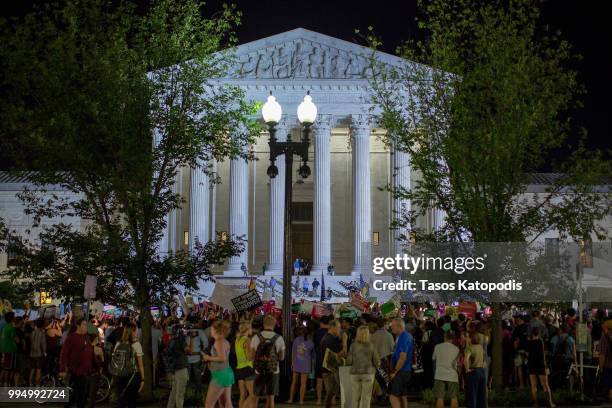 Pro-choice and anti-abortion protesters demonstrate in front of the U.S. Supreme Court on July 9, 2018 in Washington, DC. President Donald Trump just...