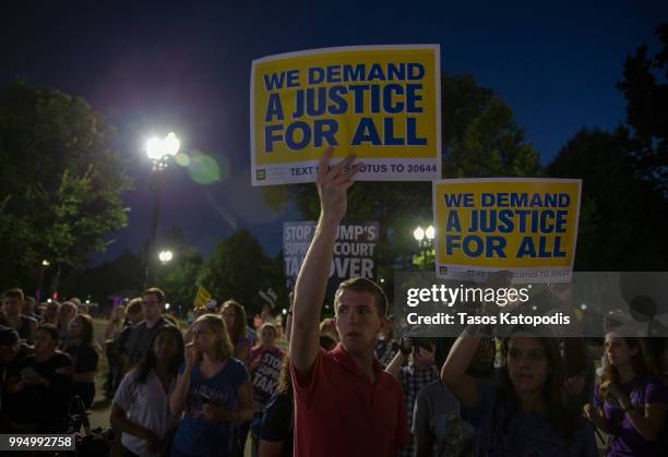 Pro-choice and anti-abortion protesters demonstrate in front of the U.S. Supreme Court on July 9, 2018 in Washington, DC. President Donald Trump just...