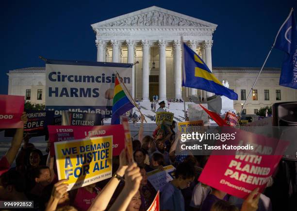 Pro-choice and anti-abortion protesters demonstrate in front of the U.S. Supreme Court on July 9, 2018 in Washington, DC. President Donald Trump just...