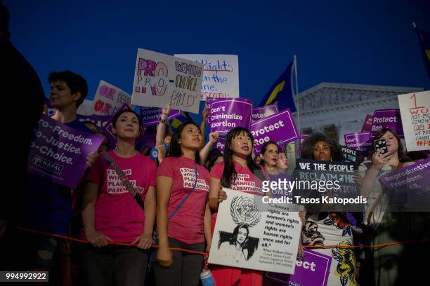 Pro-choice and anti-abortion protesters demonstrate in front of the U.S. Supreme Court on July 9, 2018 in Washington, DC. President Donald Trump just...