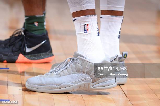 The sneakers of Emanuel Terry of the Denver Nuggets as seen drives to the basket against the Milwaukee Bucks during the 2018 Las Vegas Summer League...