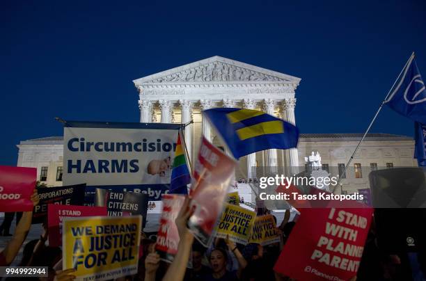 Pro-choice and anti-abortion protesters demonstrate in front of the U.S. Supreme Court on July 9, 2018 in Washington, DC. President Donald Trump just...