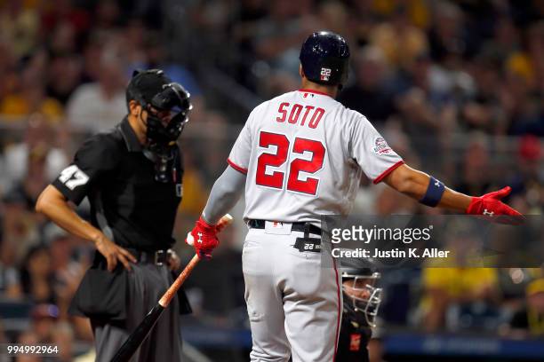 Juan Soto of the Washington Nationals reacts to a strike call in the seventh inning against the Pittsburgh Pirates at PNC Park on July 9, 2018 in...