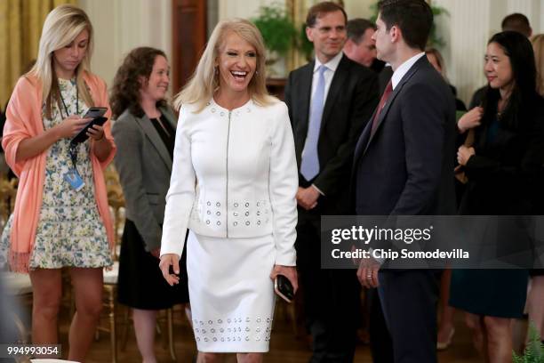 Counselor to the President Kellyanne Conway leaves the East Room after U.S. President Donald Trump announced Judge Brett M. Kavanaugh as his nominee...