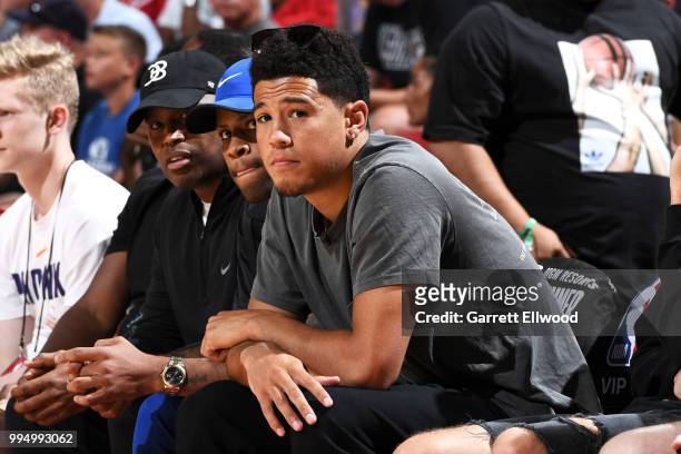 Devin Booker of the Phoenix Suns attends the game between the Phoenix Suns and Orlando Magic during the 2018 Las Vegas Summer League on July 9, 2018...