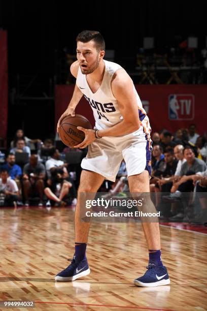 Alec Peteres of the Phoenix Suns handles the ball against the Orlando Magic during the 2018 Las Vegas Summer League on July 9, 2018 at the Thomas &...