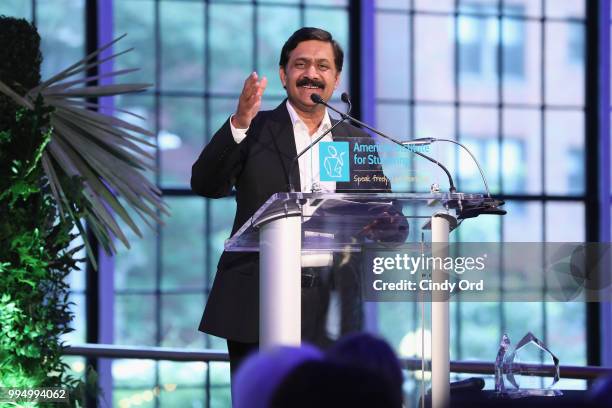 Freeing Voices Changing Lives Award recipient Ziauddin Yousafzai speaks onstage during the American Institute for Stuttering 12th Annual Freeing...