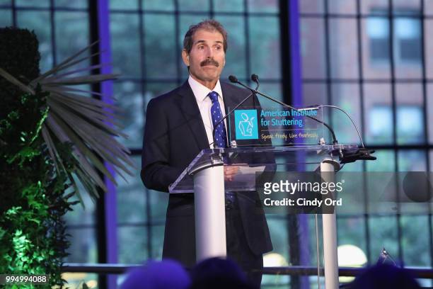 Freeing Voices Changing Lives Award recipient John Stossel speaks onstage during the American Institute for Stuttering 12th Annual Freeing Voices...