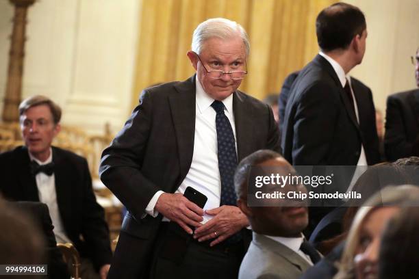 Attorney General Jeff Sessions arrives in the East Room before President Donald Trump announces Judge Brett M. Kavanaugh as his nominee to the United...