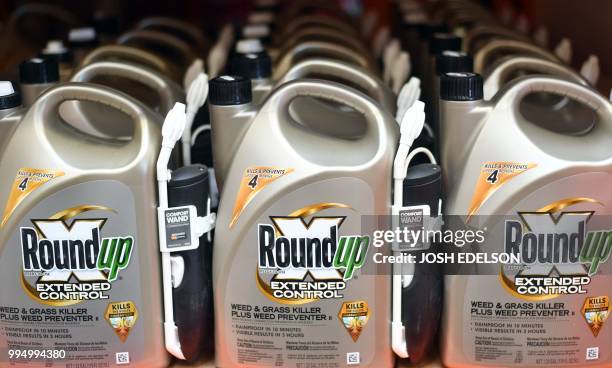 Roundup products are seen for sale at a hardware store in San Rafael, California, on July 2018. A lawyer for a California groundskeeper dying of...