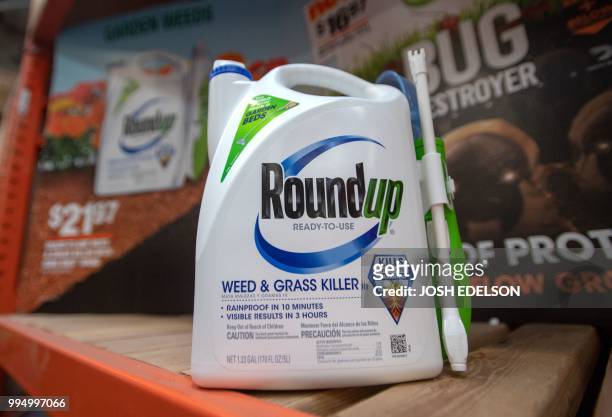 Roundup products are seen for sale at a hardware store in San Rafael, California, on July 2018. A lawyer for a California groundskeeper dying of...