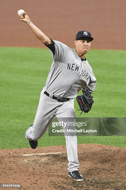 Giovanny Gallegos of the New York Yankees pitches in the eighth inning during a game two of a doubleheader baseball game against the Baltimore...