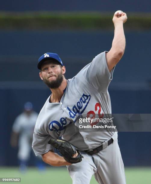 Clayton Kershaw of the Los Angeles Dodgers pitches during the first inning of a baseball game against the San Diego Padres at PETCO Park on July 9,...