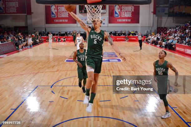 Wilson of the Milwaukee Bucks drives to the basket during the game against the Denver Nuggets during the 2018 Las Vegas Summer League on July 9, 2018...