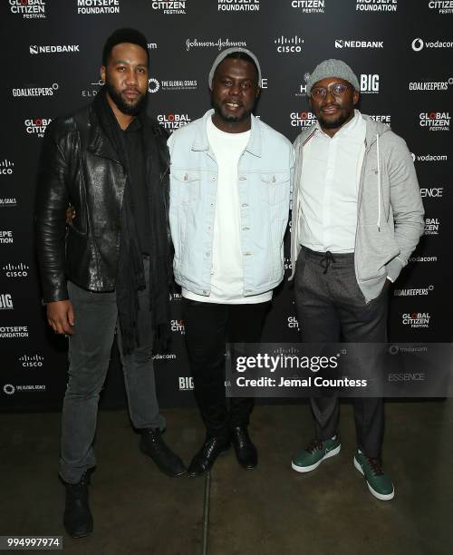 Ndaba Mandela, film producer Kweku Mandela and Zondwa Mandela attend the Global Citizen Festival: Mandela 100 Launch Event at the Circa Gallery on...