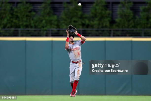 Cincinnati Reds center fielder Billy Hamilton makes a catch for an out during the seventh inning of the Major League Baseball Interleague game...