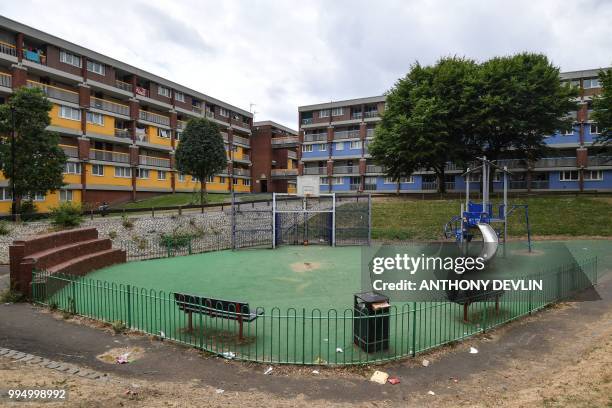 General view shows the Lansdowne Estate in Sheffield, northern England, on July 9, 2018 childhood home of England football squad defender Kyle Walker...