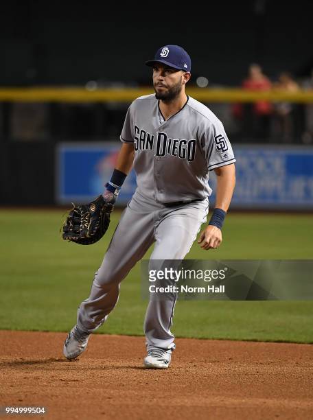 Eric Hosmer of the San Diego Padres gets ready to make a play at first base against the Arizona Diamondbacks at Chase Field on July 6, 2018 in...