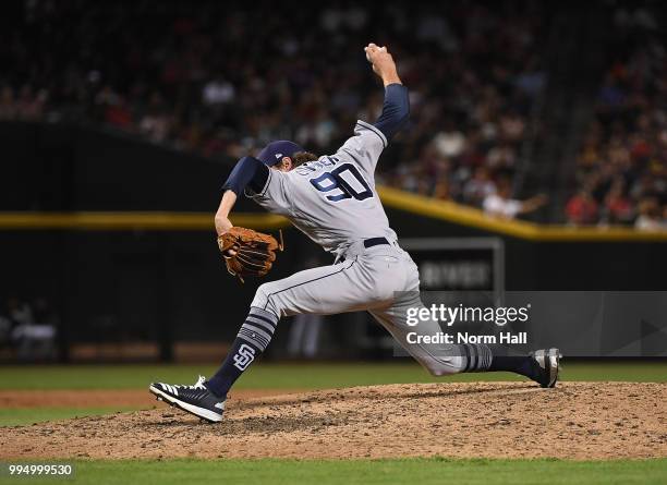 Adam Cimber of the San Diego Padres delivers a pitch against the Arizona Diamondbacks at Chase Field on July 6, 2018 in Phoenix, Arizona.