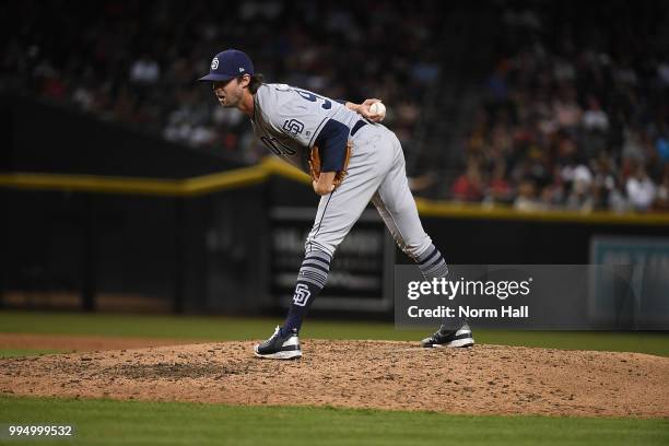 Adam Cimber of the San Diego Padres delivers a pitch against the Arizona Diamondbacks at Chase Field on July 6, 2018 in Phoenix, Arizona.