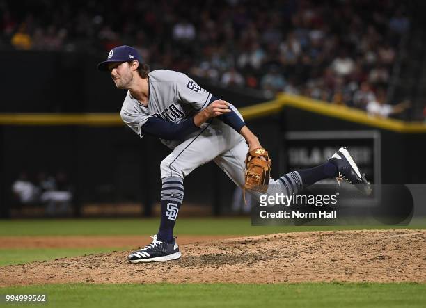 Adam Cimber of the San Diego Padres delivers a pitch against the Arizona Diamondbacks at Chase Field on July 6, 2018 in Phoenix, Arizona.