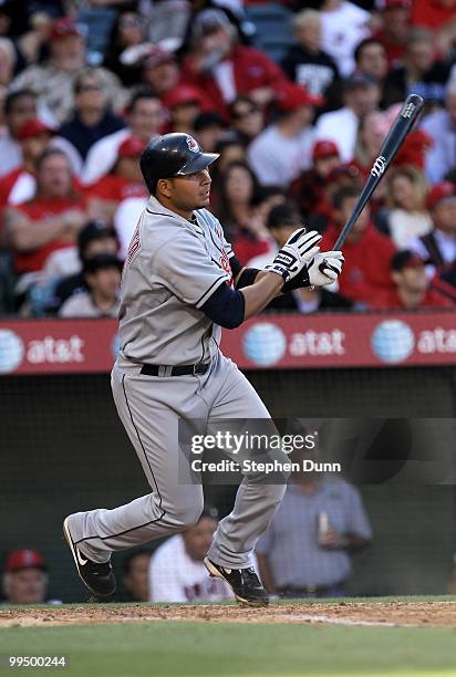 Jhonny Peralta of the Cleveland Indians bats against the Los Angeles Angels of Anaheim on April 28, 2010 at Angel Stadium in Anaheim, California.