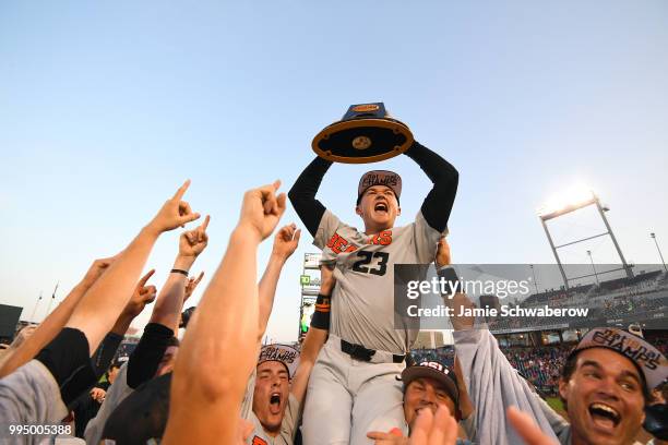 Kevin Abel of the Oregon State Beavers celebrates after defeating the Arkansas Razorbacks during the Division I Men's Baseball Championship held at...