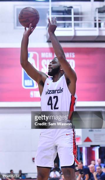 Aaron Harrison of the Washington Wizards shoots against the Cleveland Cavaliers during the 2018 NBA Summer League at the Cox Pavilion on July 6, 2018...