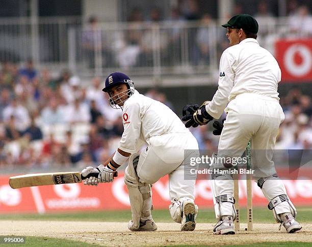 Mark Ramprakash of England sweeps, during day four of the Fifth Test between England and Australia, at The Oval, London, England. DIGITAL IMAGE...