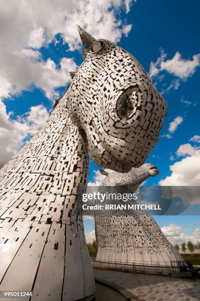 the kelpies, supernatural water horse , giant sculpture, falkirk, scotland, uk - animal imitation stock pictures, royalty-free photos & images