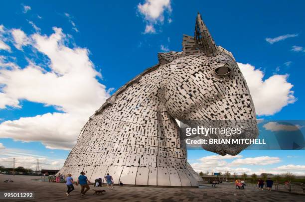 the kelpies, supernatural water horse , giant sculpture, falkirk, scotland, uk - animal imitation stock pictures, royalty-free photos & images