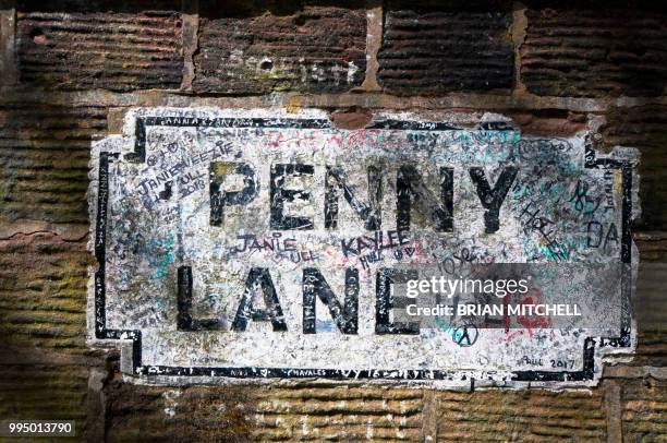 the beatles song penny lane, street sign - liverpool beatles stock pictures, royalty-free photos & images