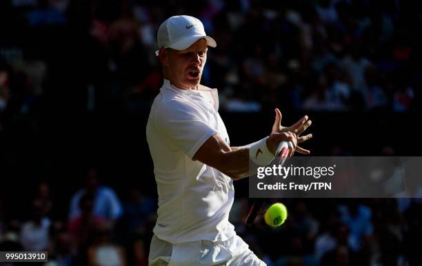 Kyle Edmund of Great Britain in action against Novak Djokovic of Serbia in the third round of the gentleman's singles at the All England Lawn Tennis...