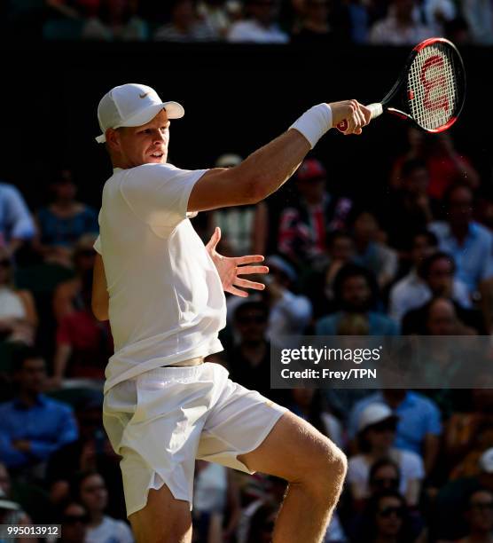 Kyle Edmund of Great Britain in action against Novak Djokovic of Serbia in the third round of the gentleman's singles at the All England Lawn Tennis...