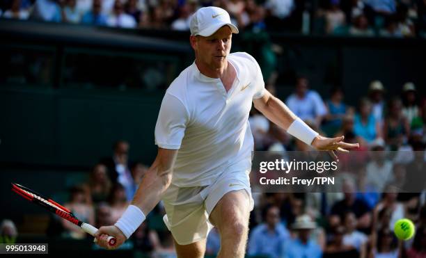 Kyle Edmund of Great Britain in action against Novak Djokovic of Serbia in the third round of the gentleman's singles at the All England Lawn Tennis...