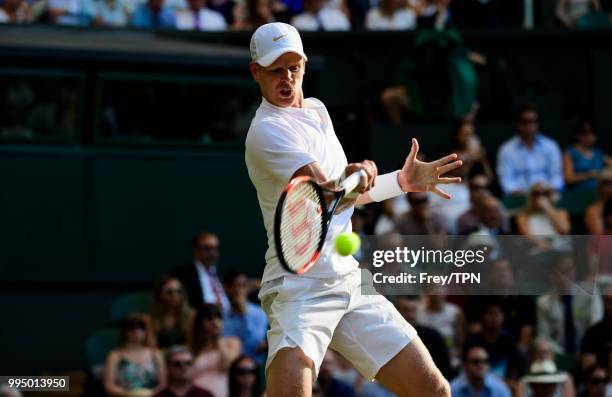 Kyle Edmund of Great Britain in action against Novak Djokovic of Serbia in the third round of the gentleman's singles at the All England Lawn Tennis...