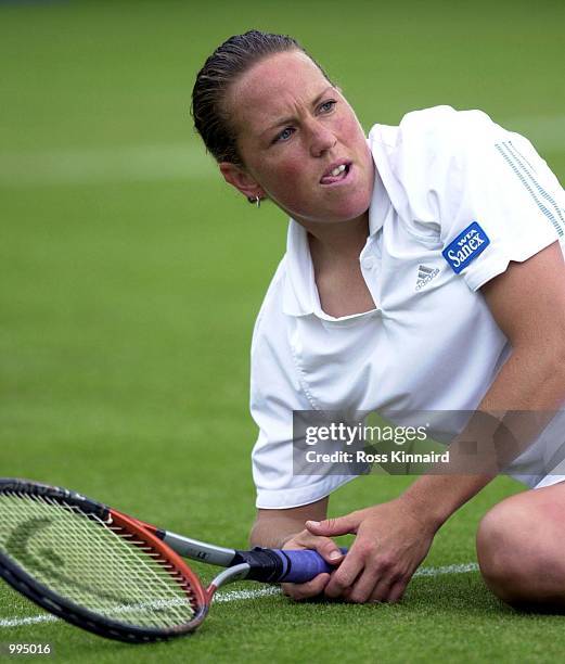 Lucie Ahl of Great Britain during her first round tie in the DFS Classic Ladies International Tennis tournament at the Edgbaston Priory Club,...