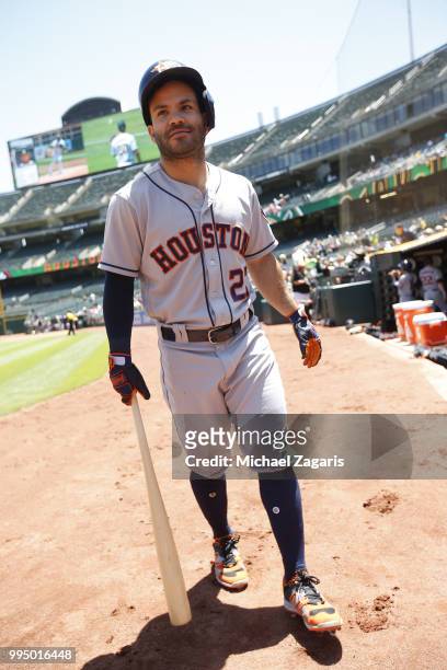 Jose Altuve of the Houston Astros stands on the field prior to the game against the Oakland Athletics at the Oakland Alameda Coliseum on June 14,...