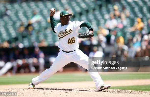 Santiago Casilla of the Oakland Athletics bats during the game against the Houston Astros at the Oakland Alameda Coliseum on June 14, 2018 in...